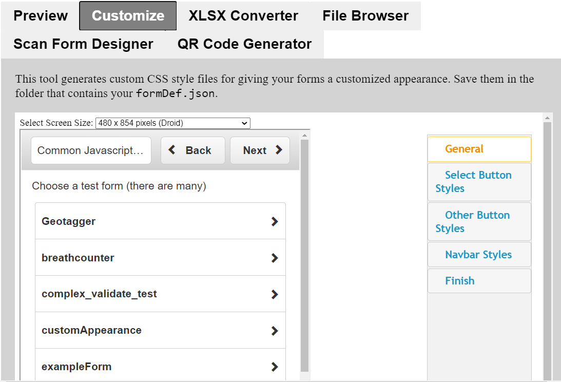 The theme generator tab modifying the appearance of the Example Form