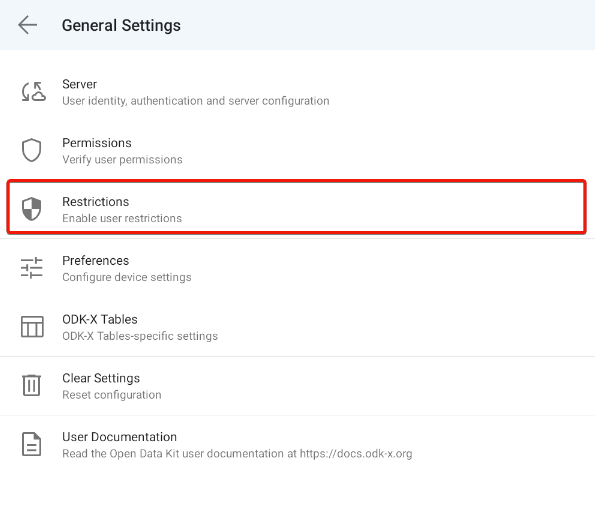 Services Settings Menu
