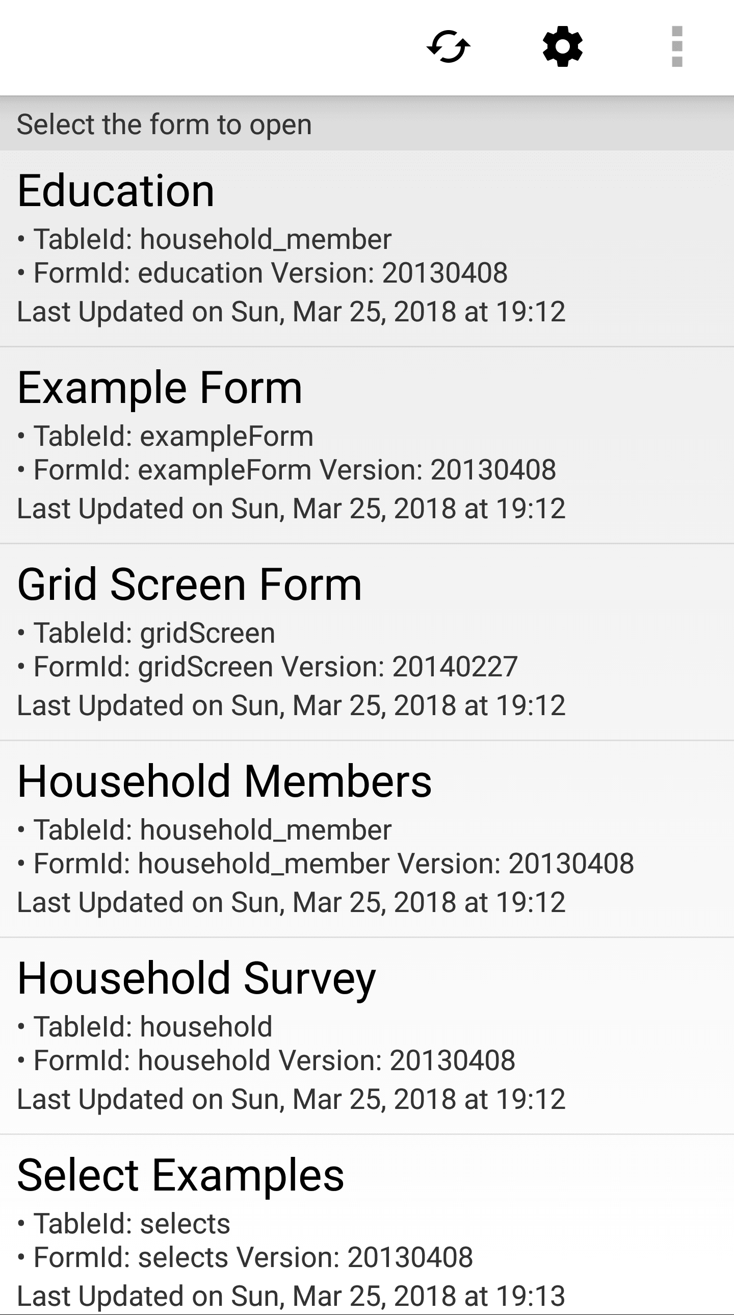 Survey Displaying the List of Sample Forms